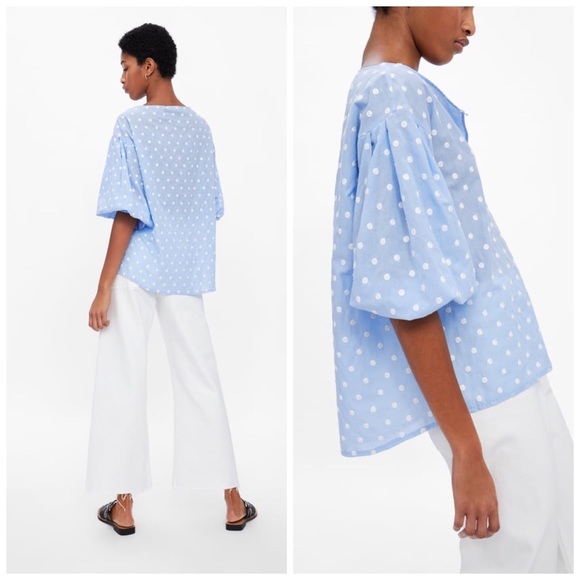 Zara Perwinkle Cotton Embroidered Polka Blouse S - Picture 2 of 8